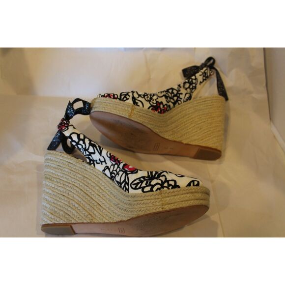 Coach Vintage Floral Espadrille Wedge Black White Red Jute 10 - Picture 7 of 9
